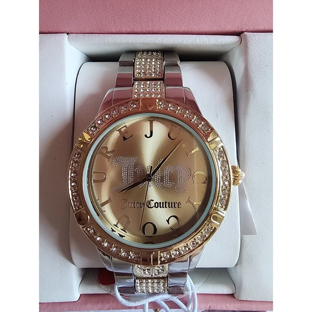 Juicy Couture Womens Two Tone Crystal Bezel Watch Gold Dial JC/1350SVGP